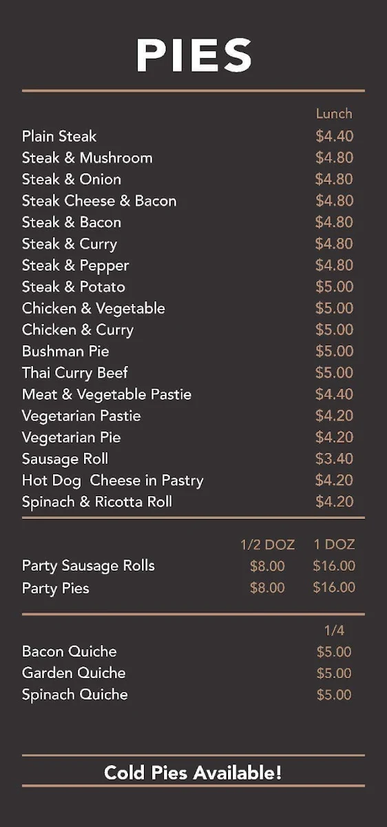 Menu, Thrift Park Pies and Cakes