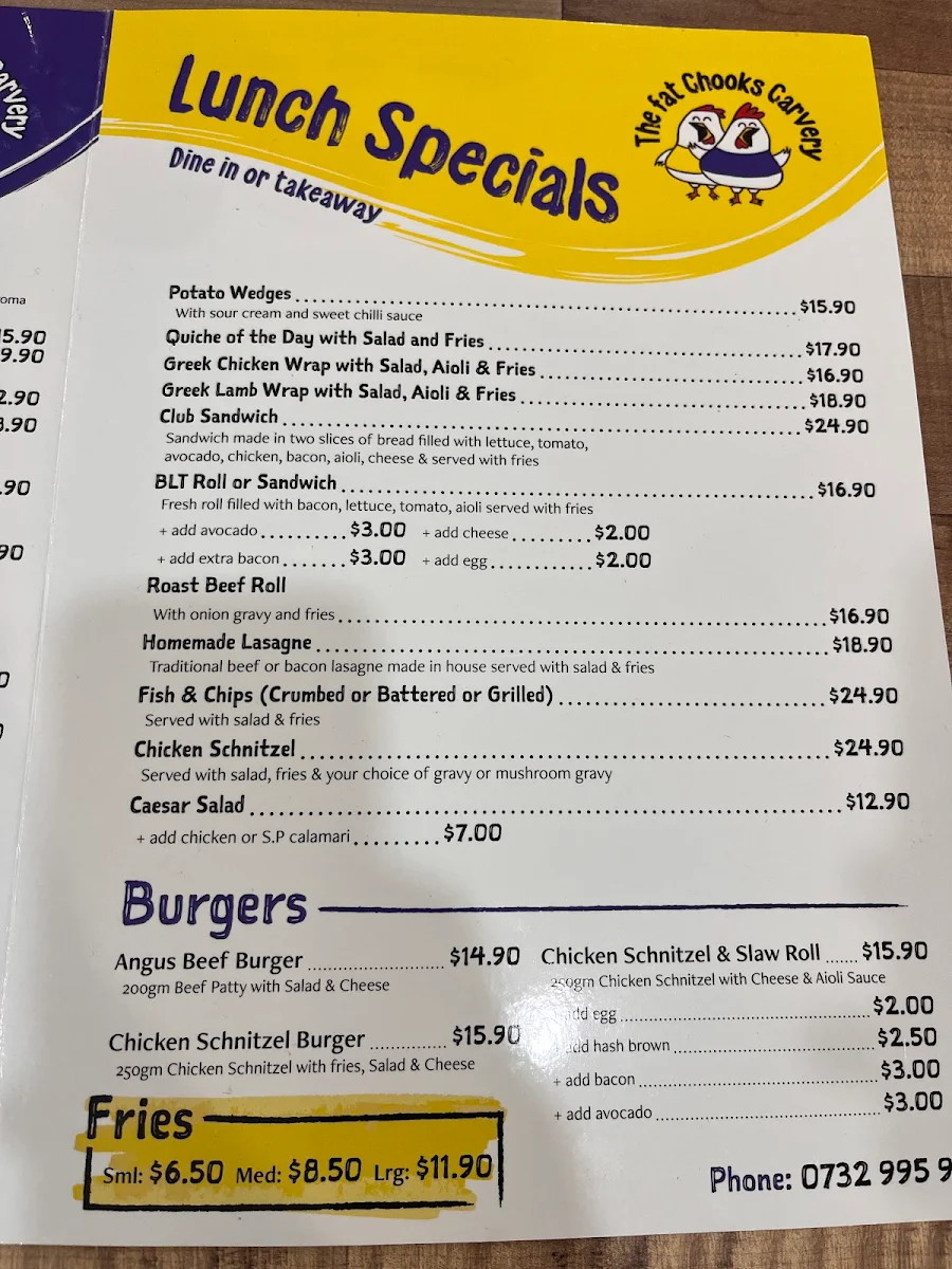 Menu, Fat Chooks Carvery
