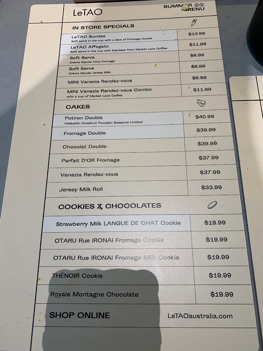 Menu, LeTAO Melbourne