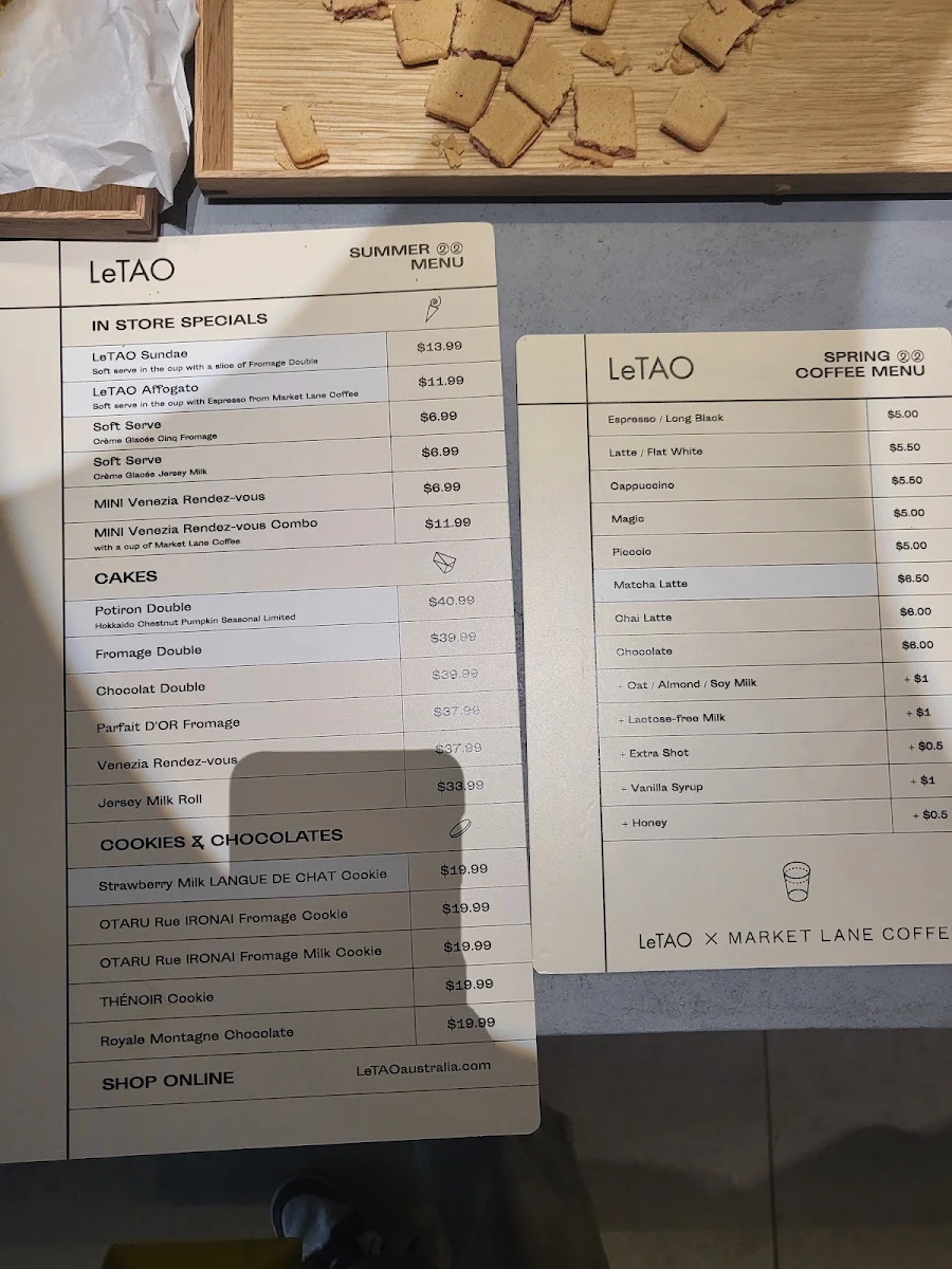 Menu, LeTAO Melbourne