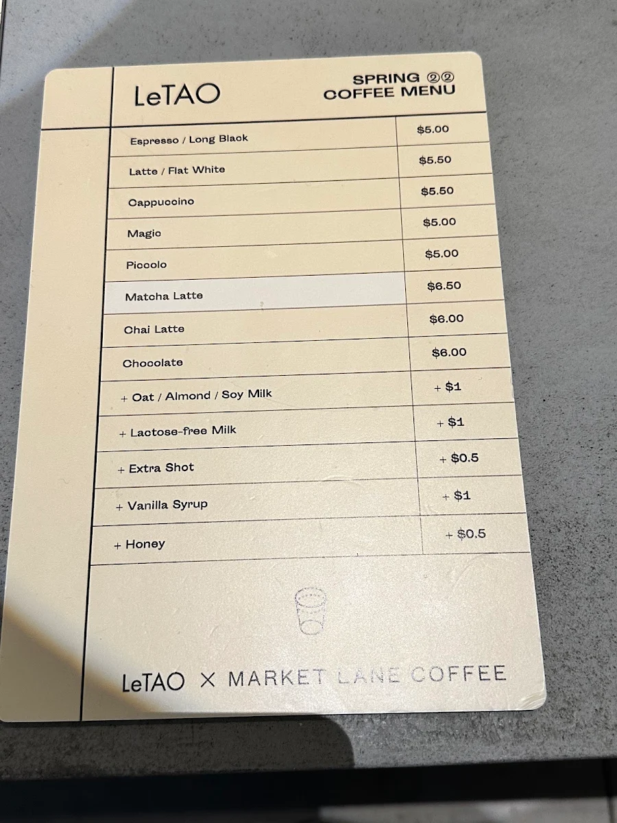 Menu, LeTAO Melbourne
