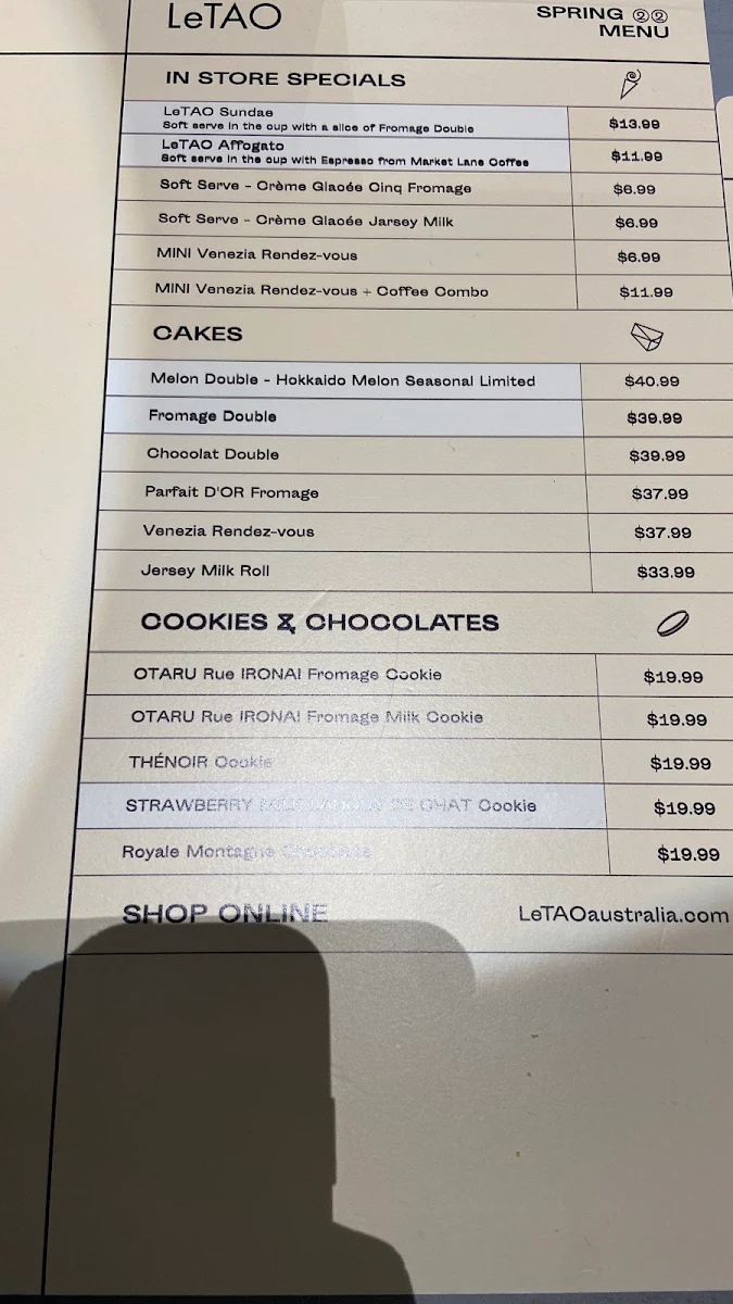 Menu, LeTAO Melbourne