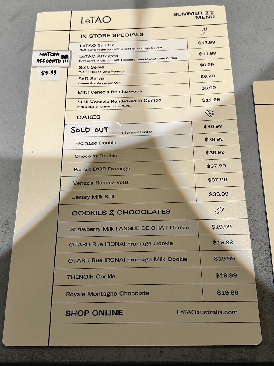 Menu, LeTAO Melbourne