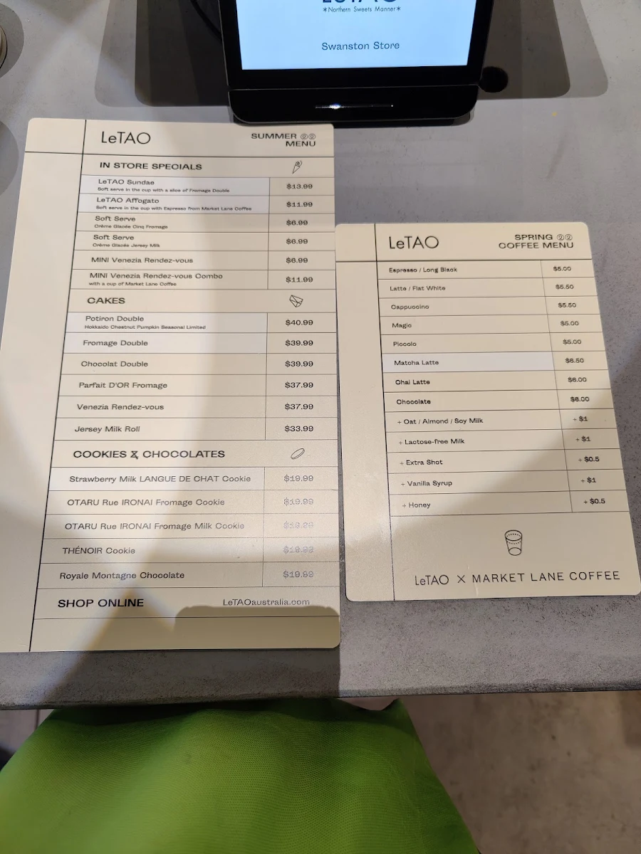 Menu, LeTAO Melbourne