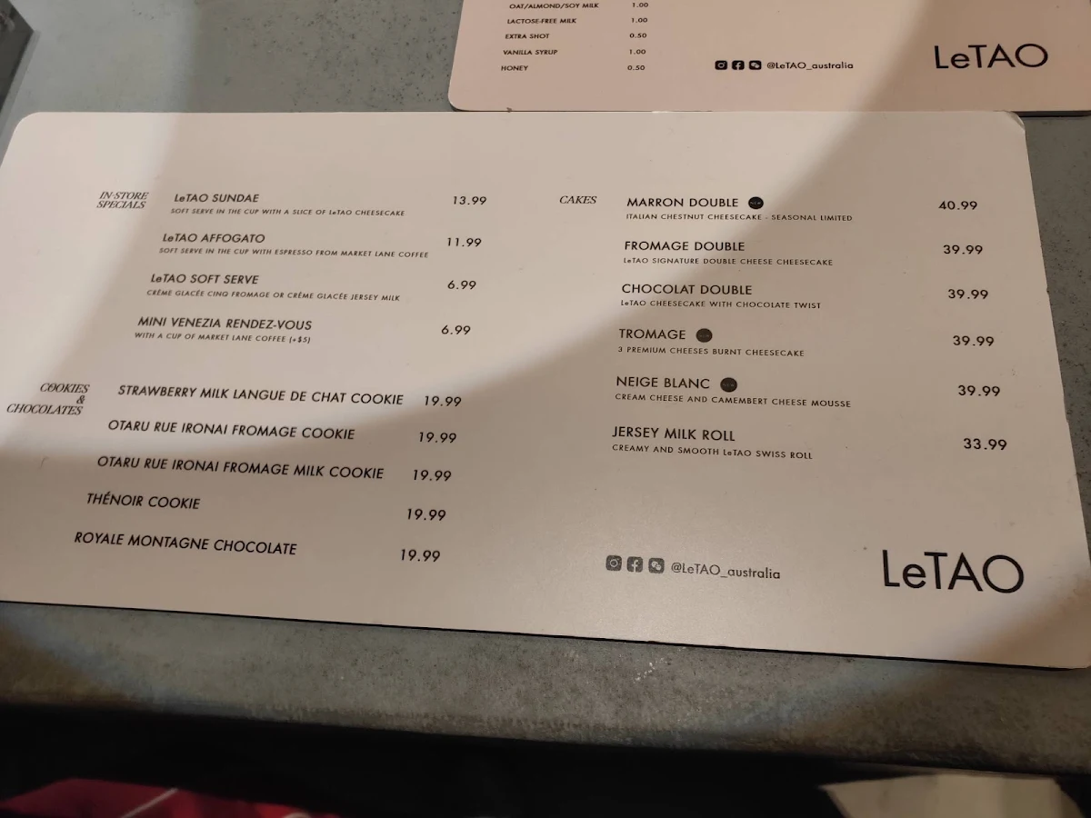 Menu, LeTAO Melbourne