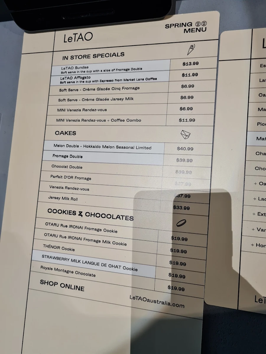 Menu, LeTAO Melbourne