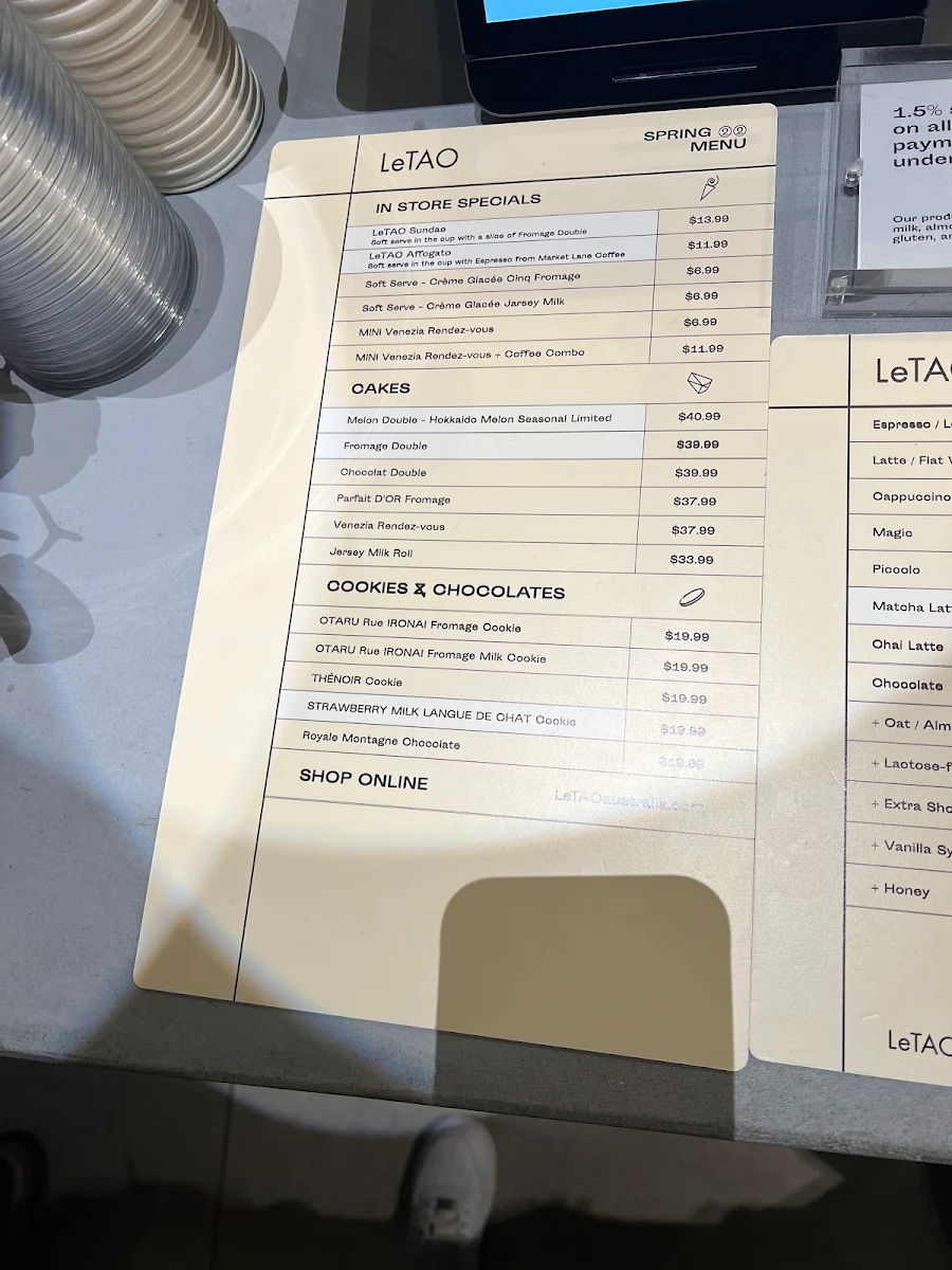 Menu, LeTAO Melbourne