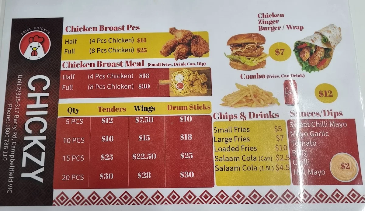 Menu, Chickzy (Broasted Fried Chicken)