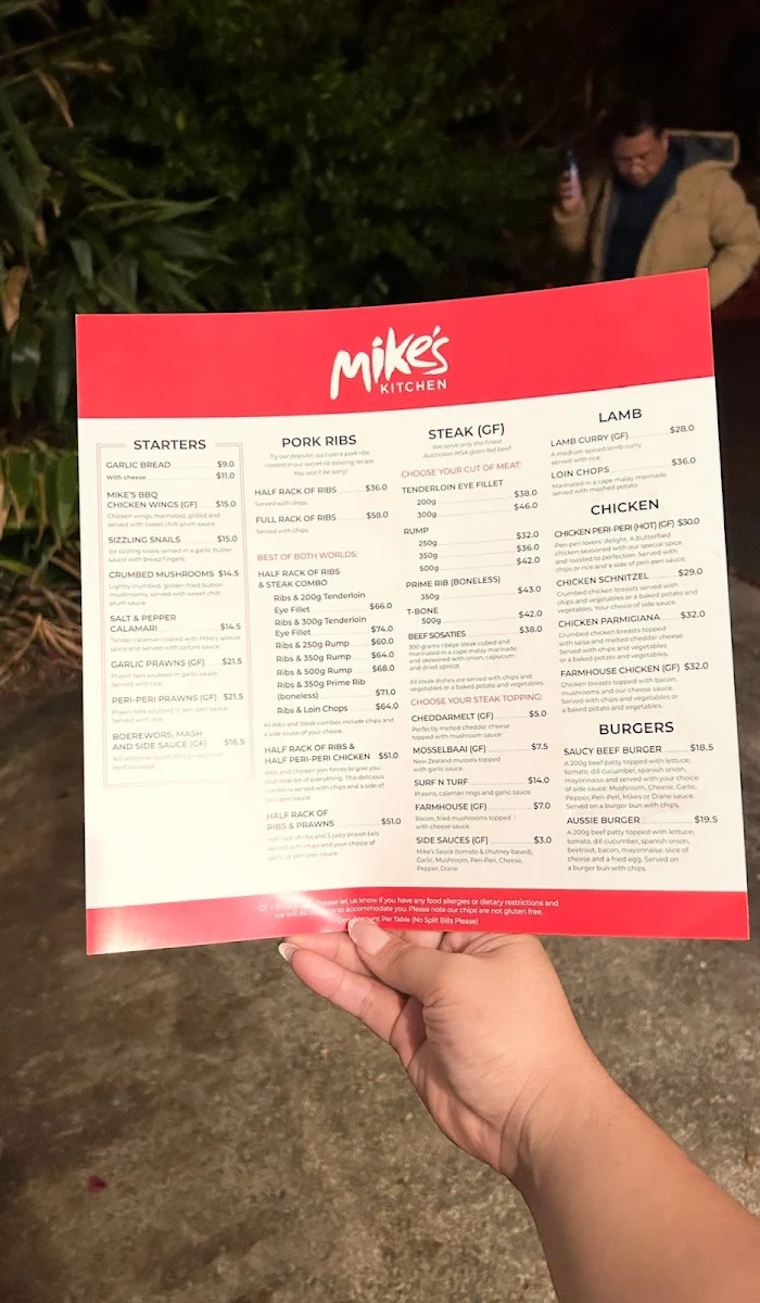 Menu, Mike's Kitchen