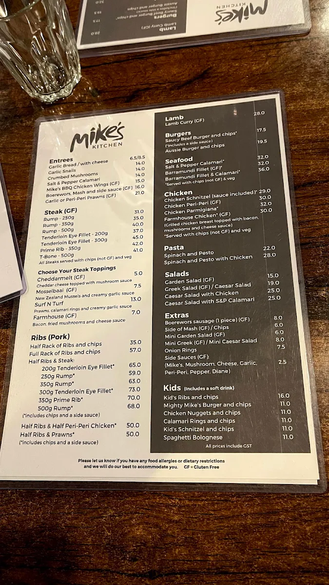 Menu, Mike's Kitchen