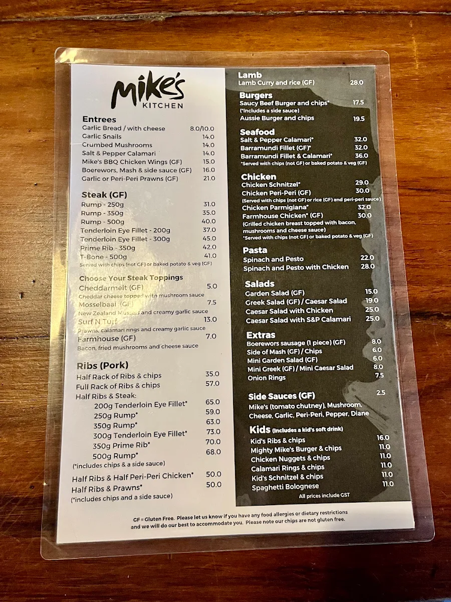 Menu, Mike's Kitchen