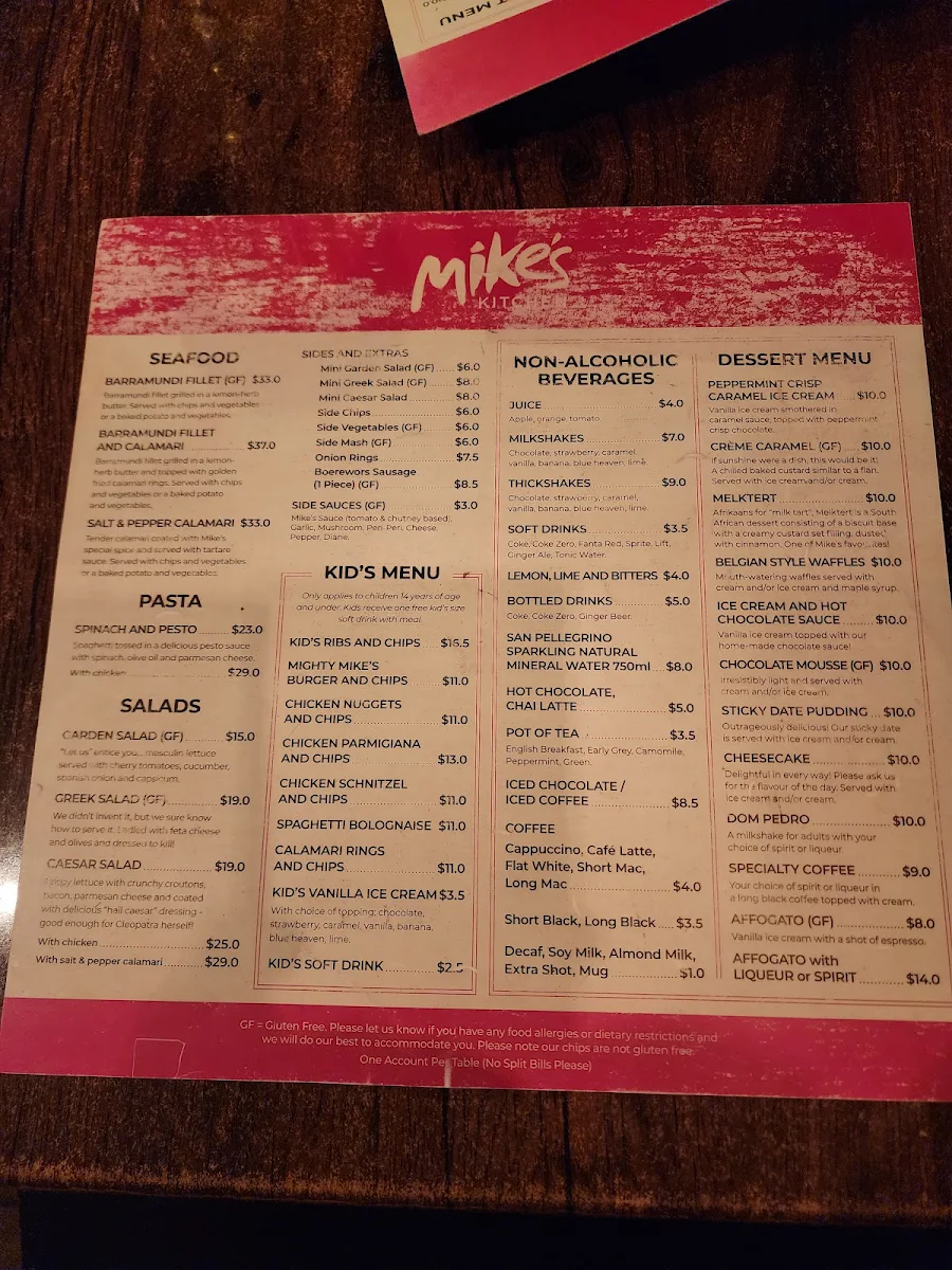 Menu, Mike's Kitchen