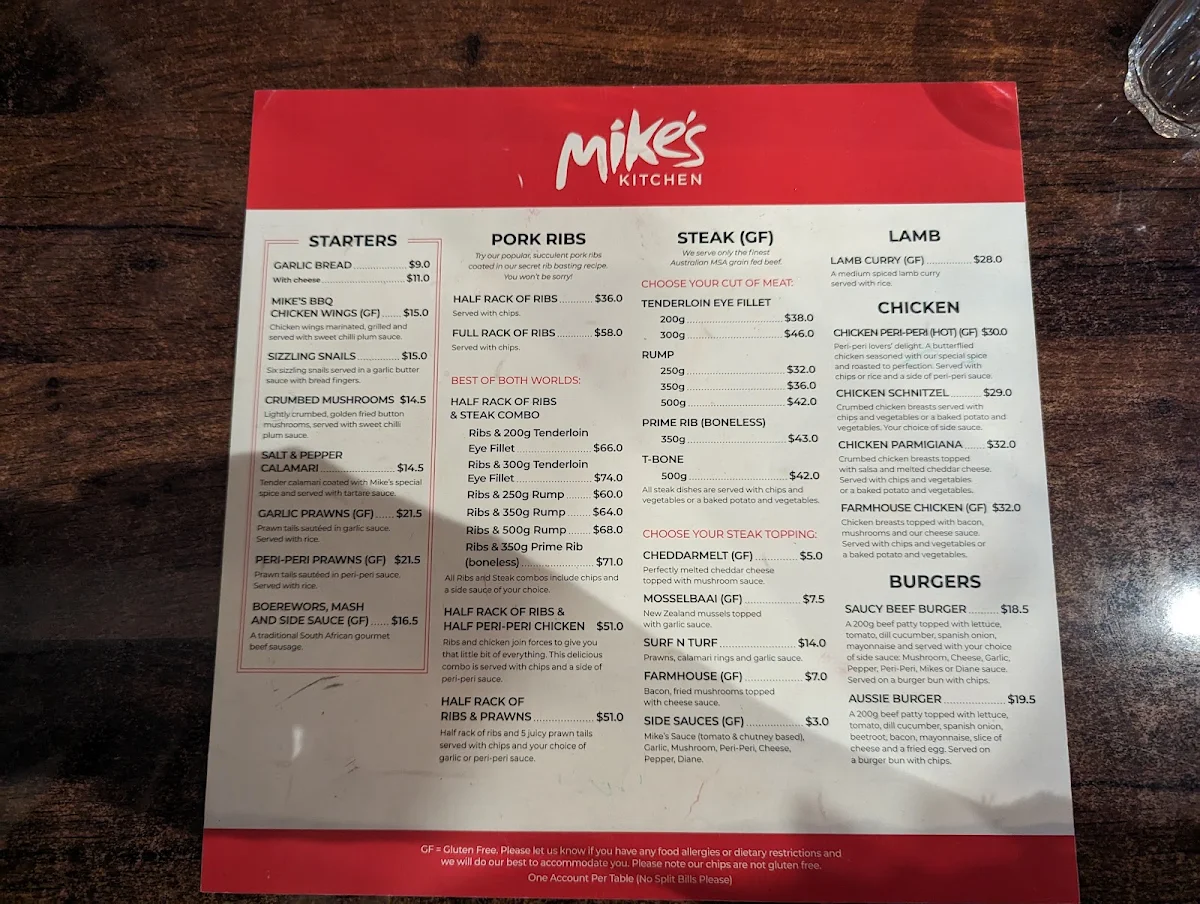 Menu, Mike's Kitchen