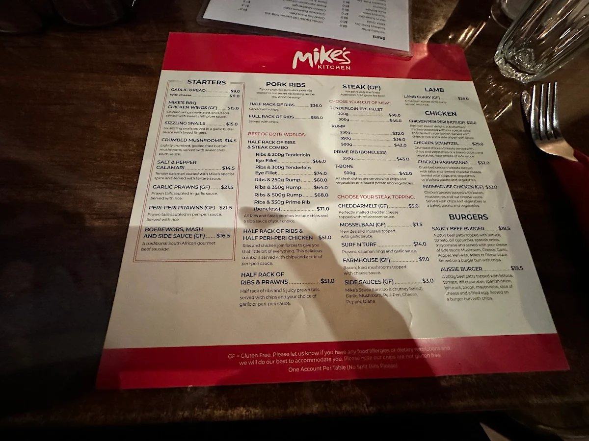 Menu, Mike's Kitchen