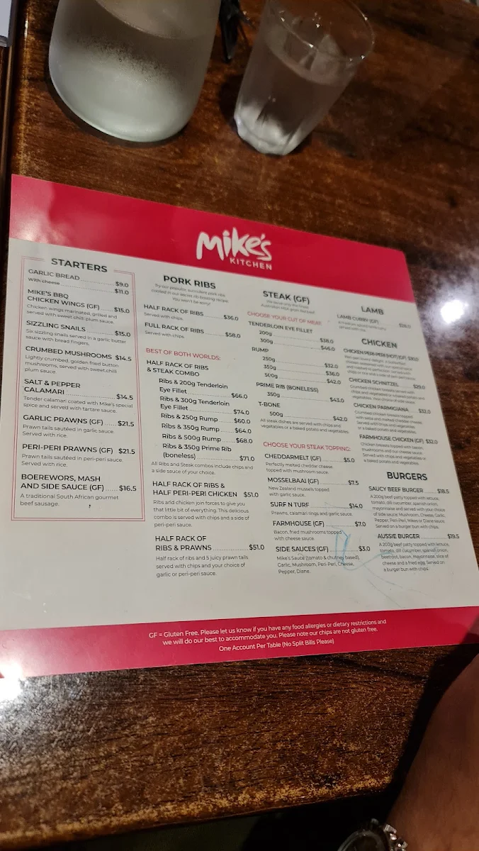 Menu, Mike's Kitchen