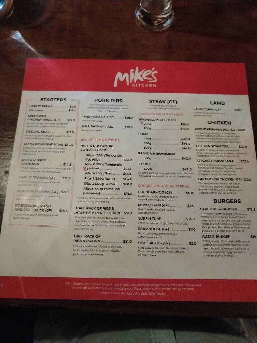 Menu, Mike's Kitchen