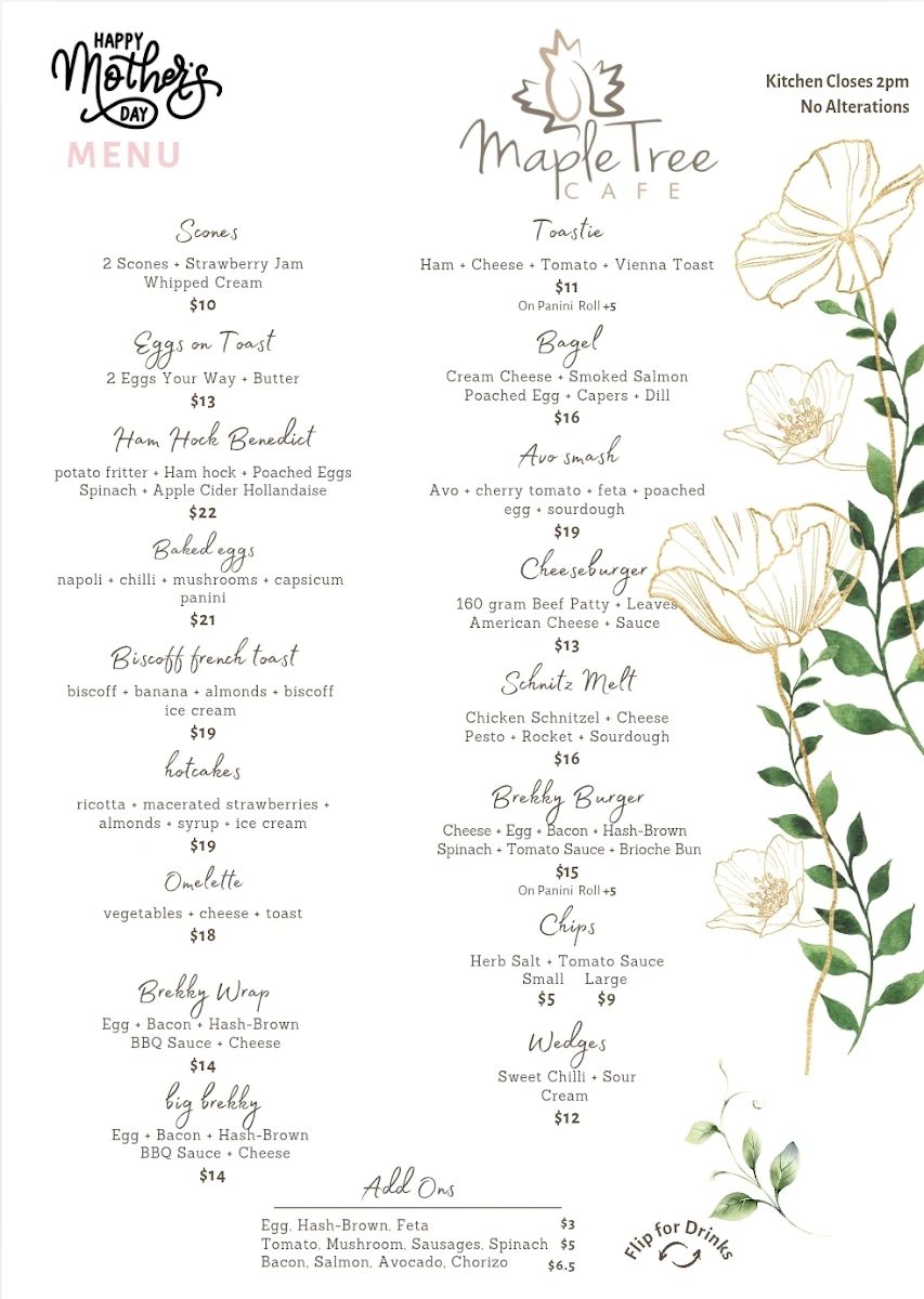 Menu, Maple Tree Cafe