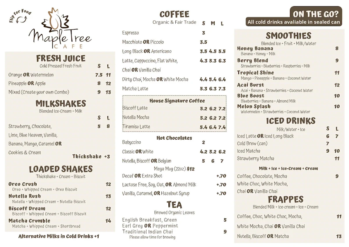 Menu, Maple Tree Cafe
