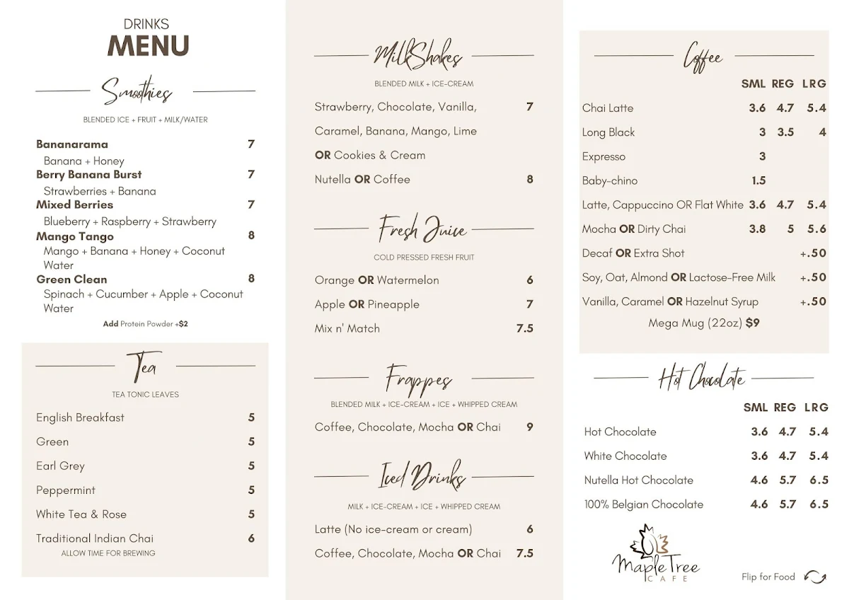 Menu, Maple Tree Cafe