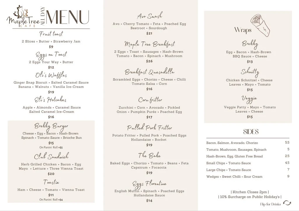 Menu, Maple Tree Cafe