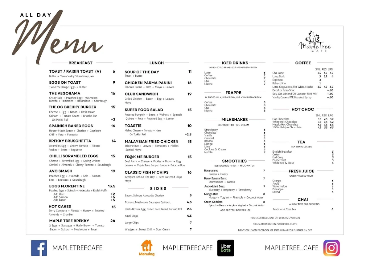 Menu, Maple Tree Cafe
