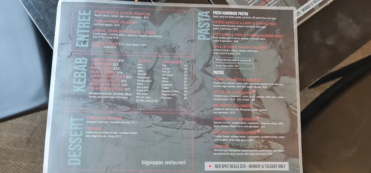 Menu, Big Poppas Pizza Pasta & Panini