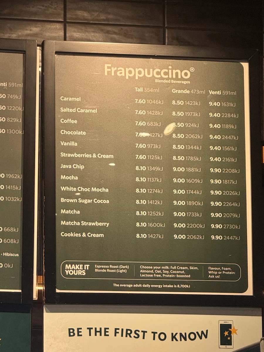 Menu, Starbucks Hurstville