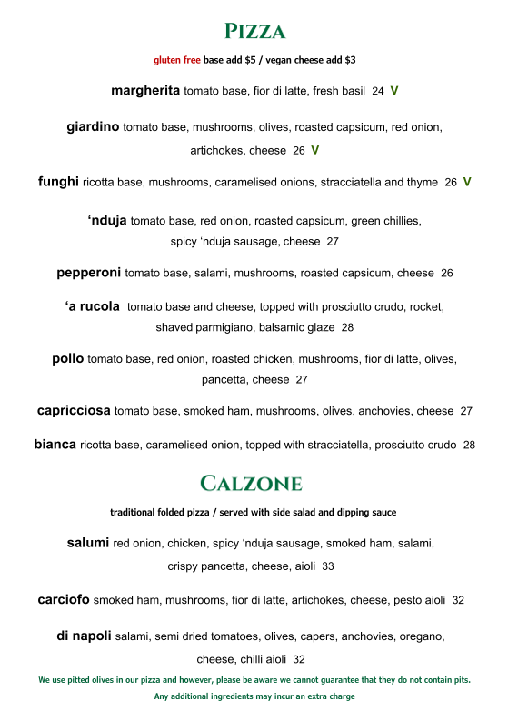 Menu, Cultura Italian Bar & Restaurant