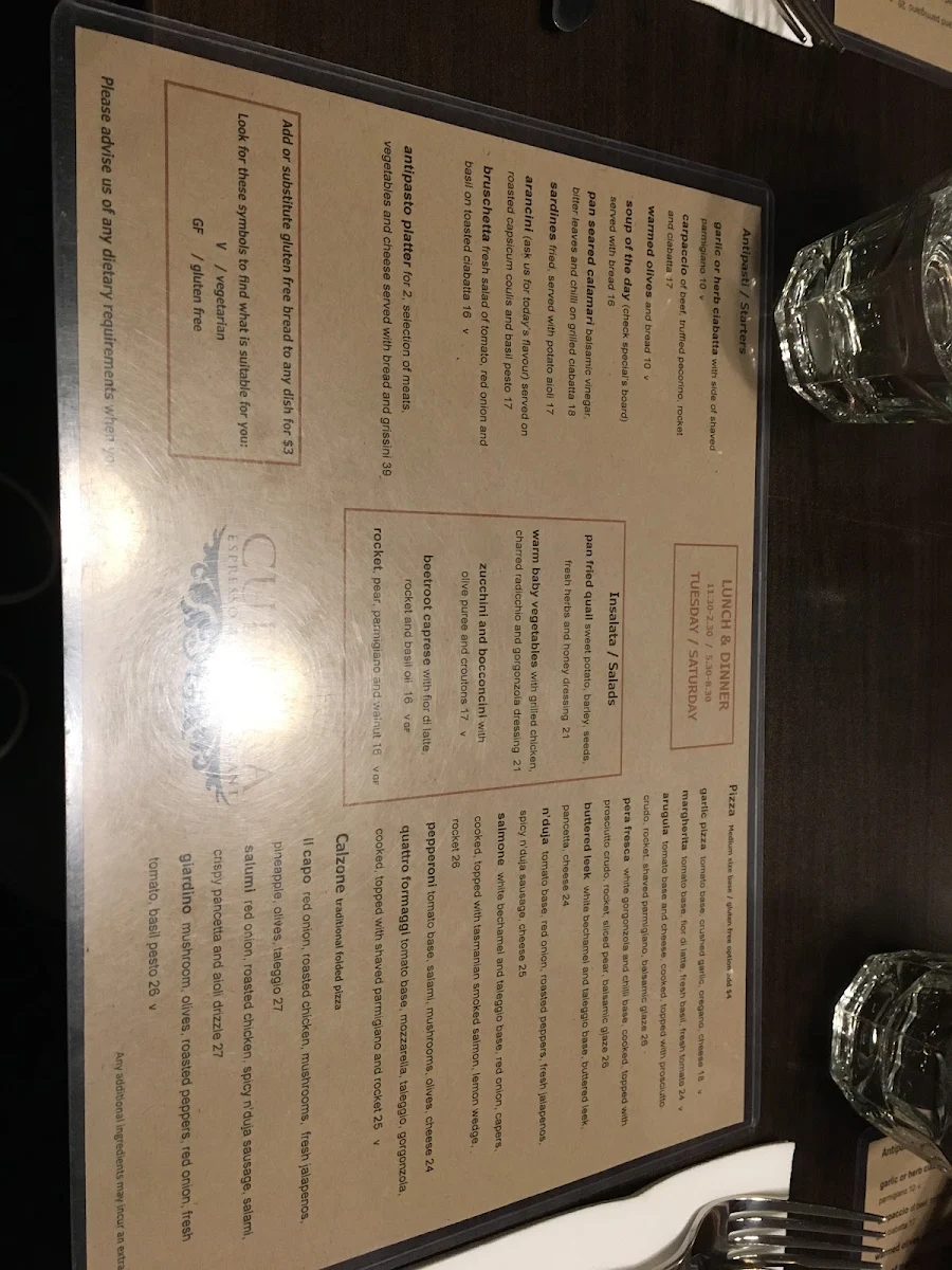 Menu, Cultura Italian Bar & Restaurant