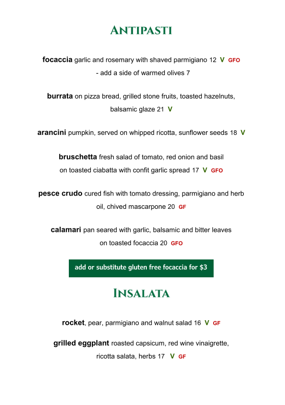 Menu, Cultura Italian Bar & Restaurant