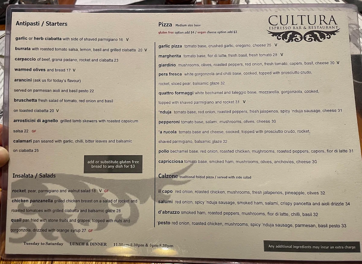 Menu, Cultura Italian Bar & Restaurant