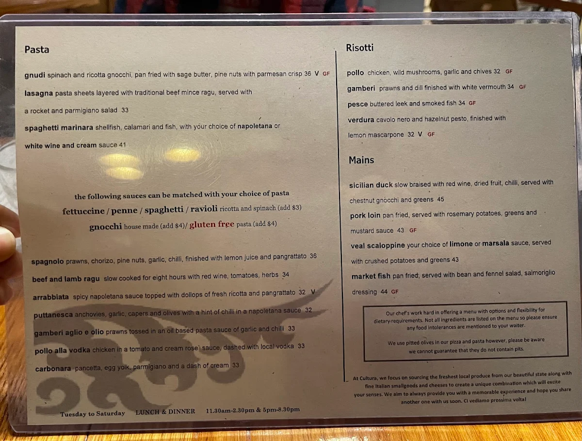 Menu, Cultura Italian Bar & Restaurant