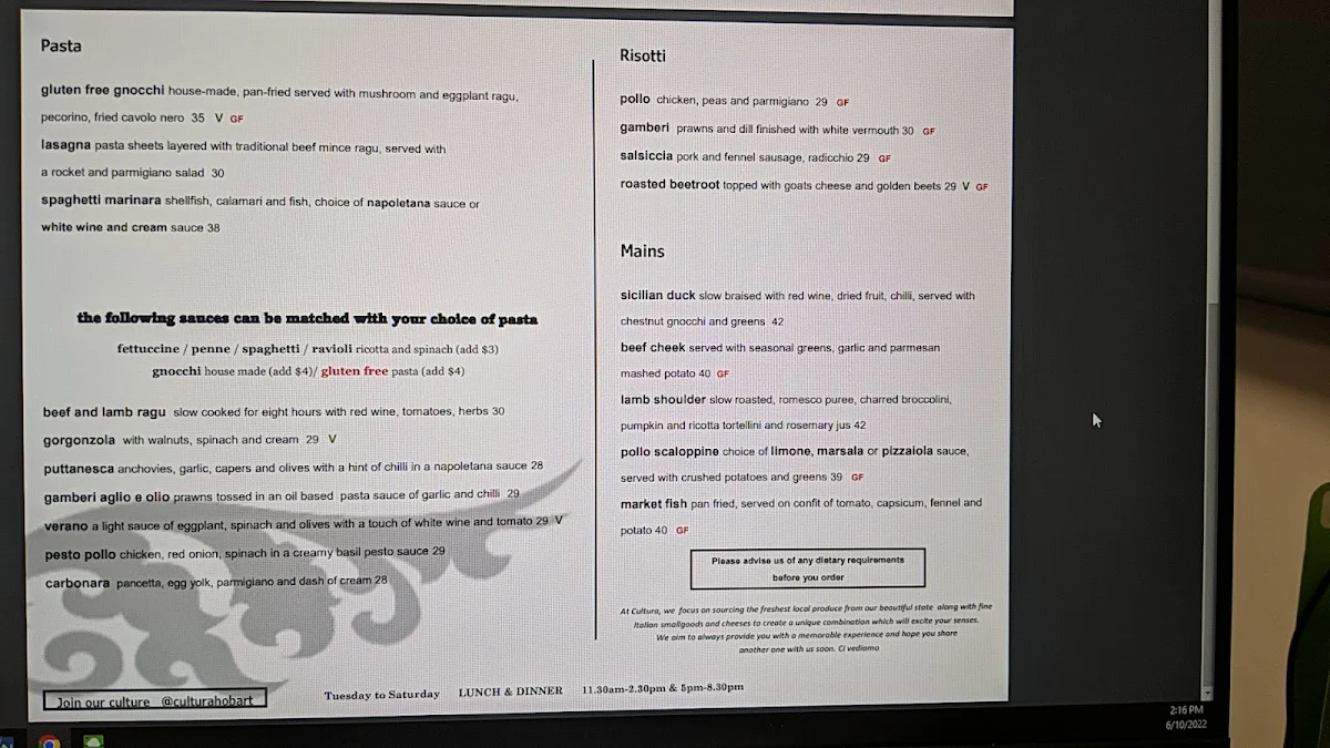 Menu, Cultura Italian Bar & Restaurant