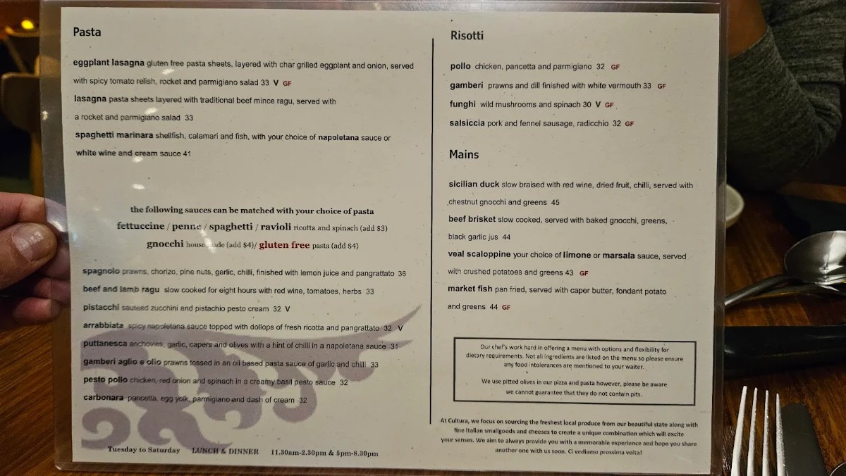 Menu, Cultura Italian Bar & Restaurant