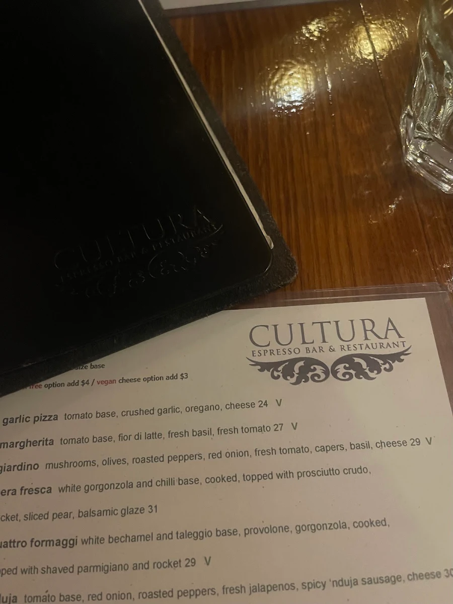Menu, Cultura Italian Bar & Restaurant