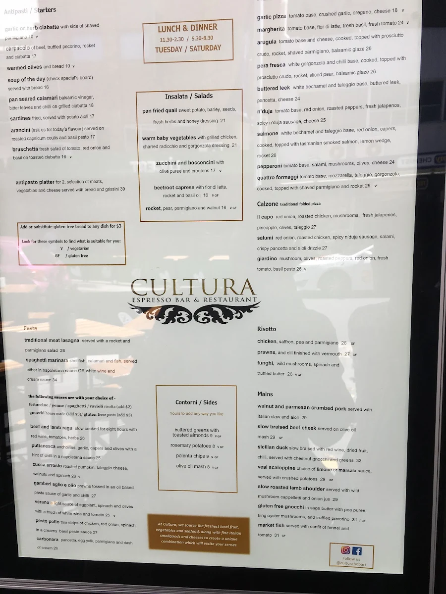 Menu, Cultura Italian Bar & Restaurant