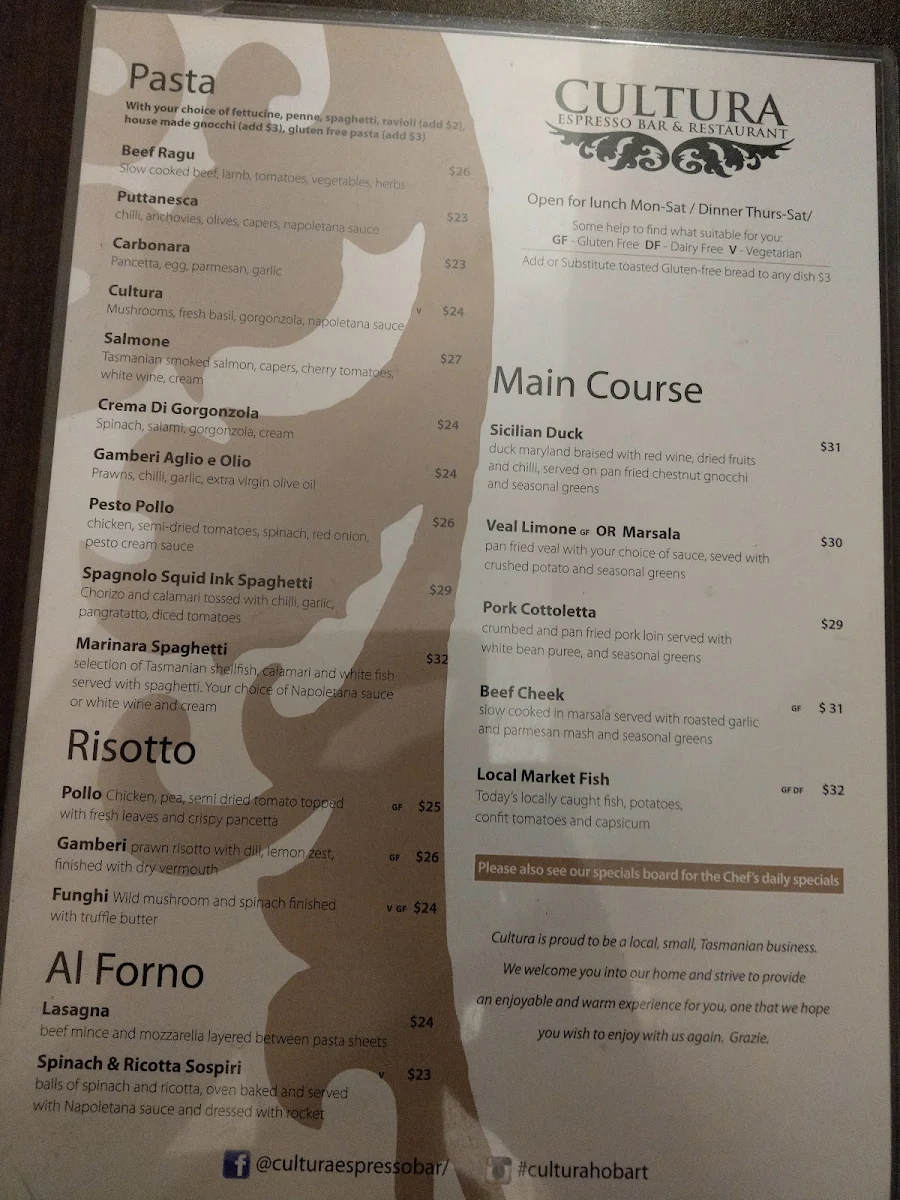 Menu, Cultura Italian Bar & Restaurant