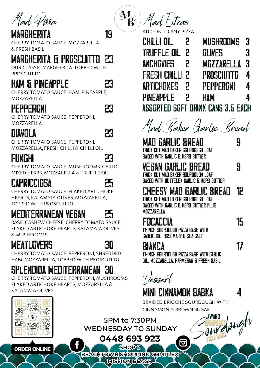 Menu, Mad Pizza Mission