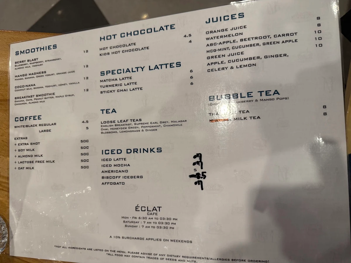 Menu, Eclat Cafe