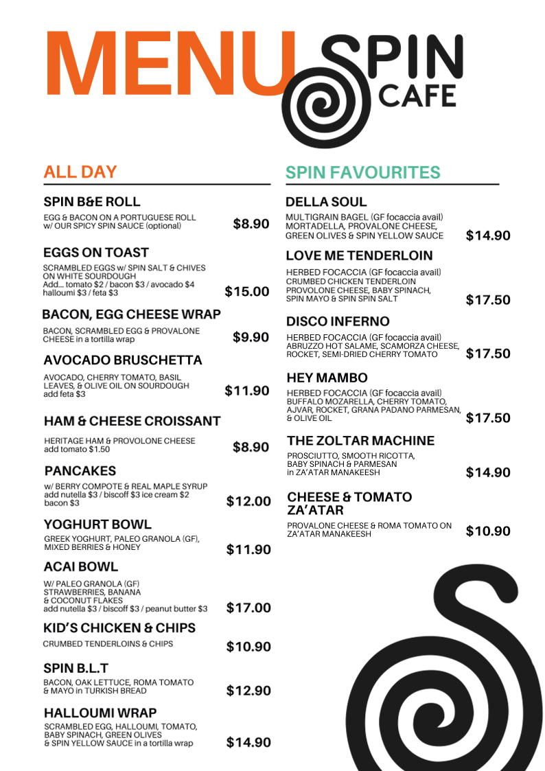Menu, Spin Cafe