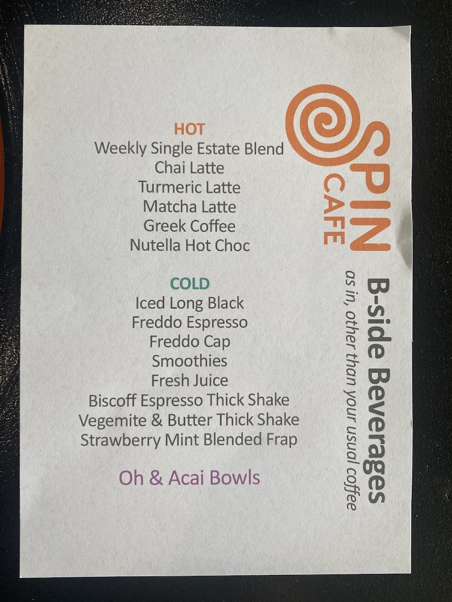Menu, Spin Cafe