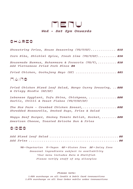 Menu, Nixie Nox