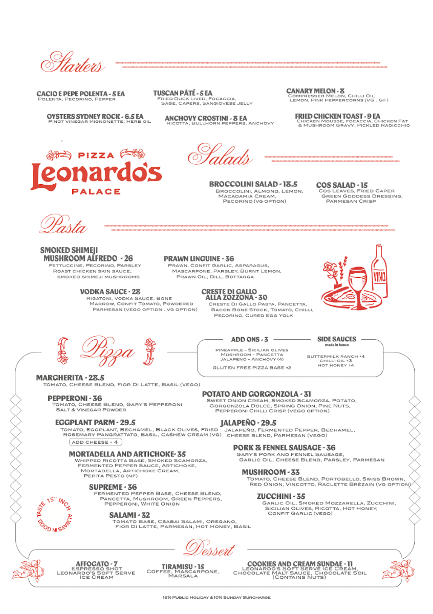 Menu, Leonardo's Pizza Palace