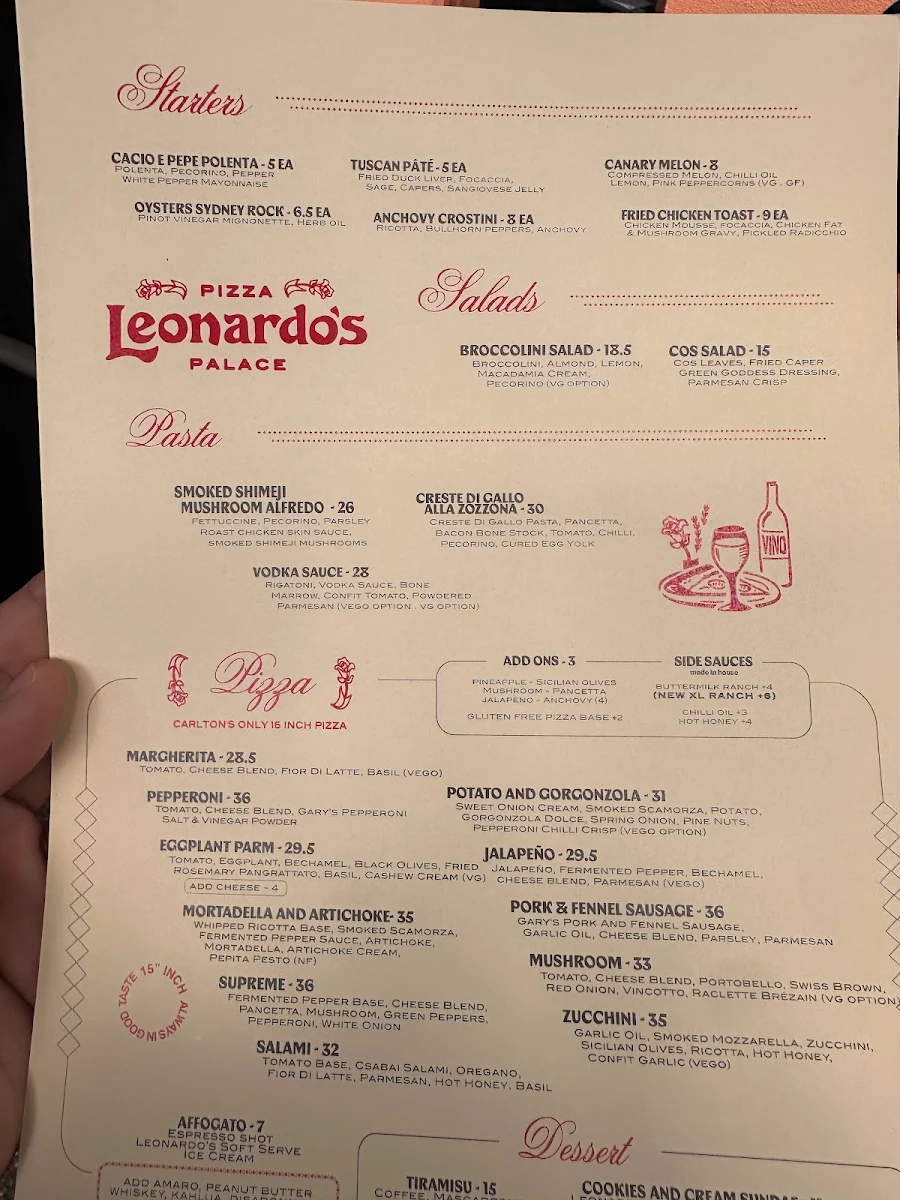 Menu, Leonardo's Pizza Palace