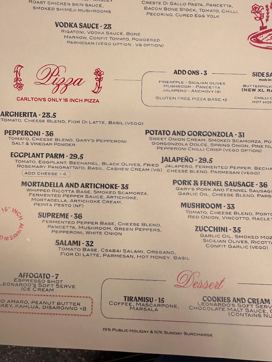 Menu, Leonardo's Pizza Palace