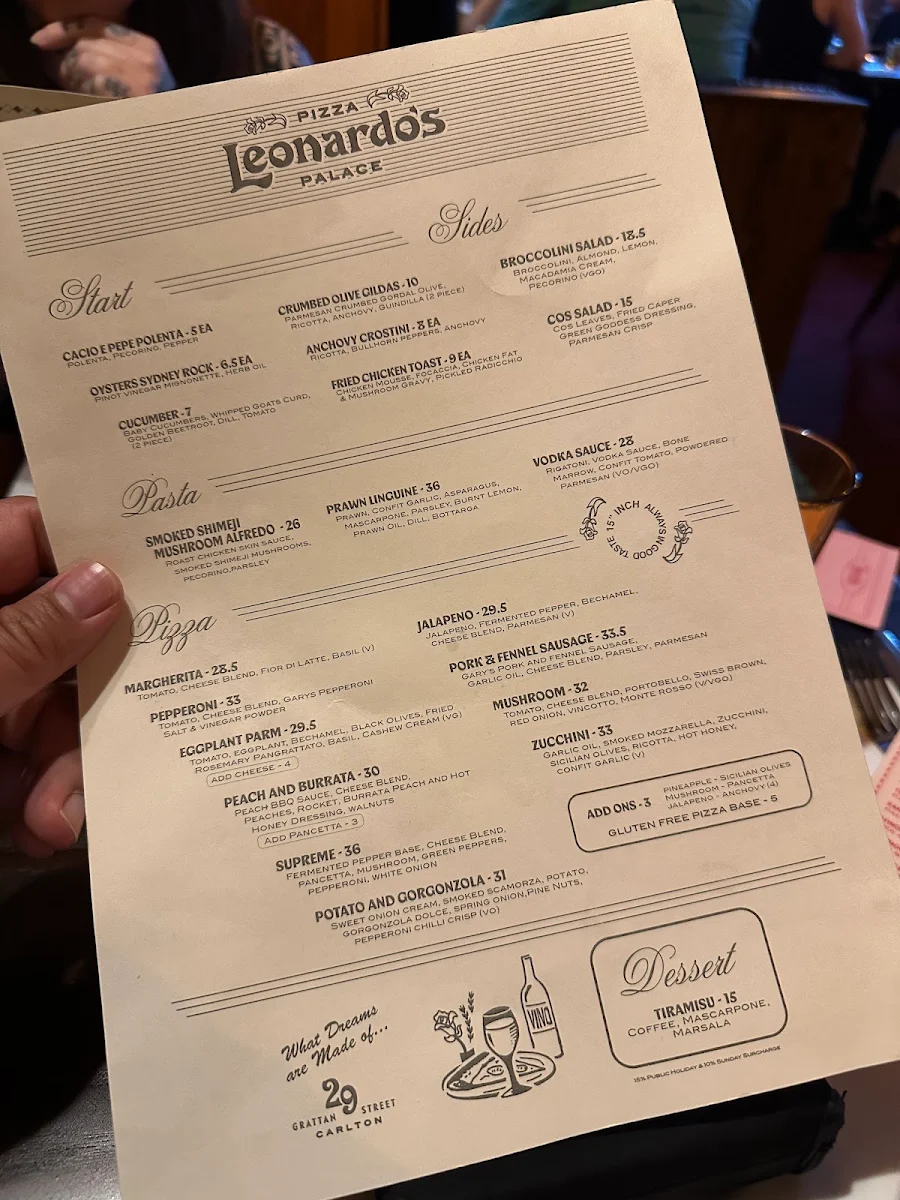 Menu, Leonardo's Pizza Palace