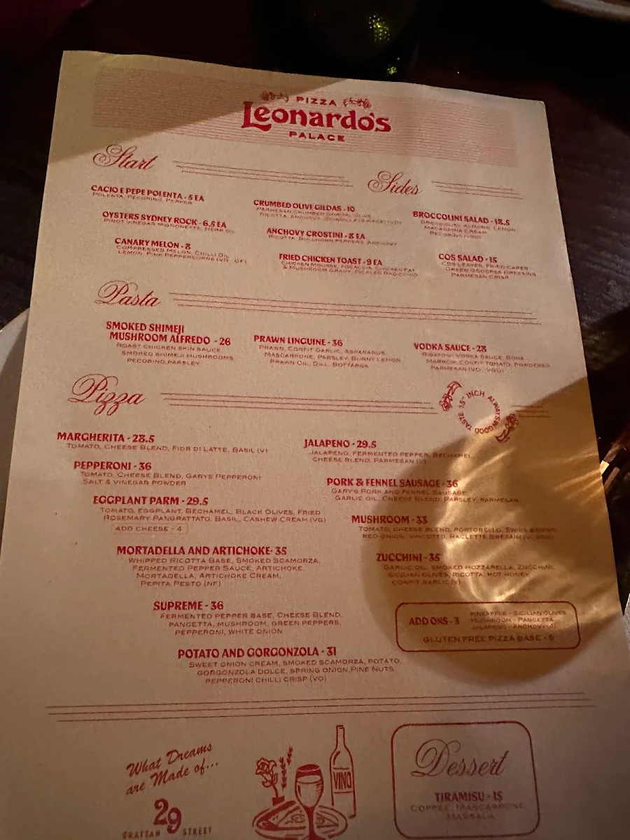 Menu, Leonardo's Pizza Palace