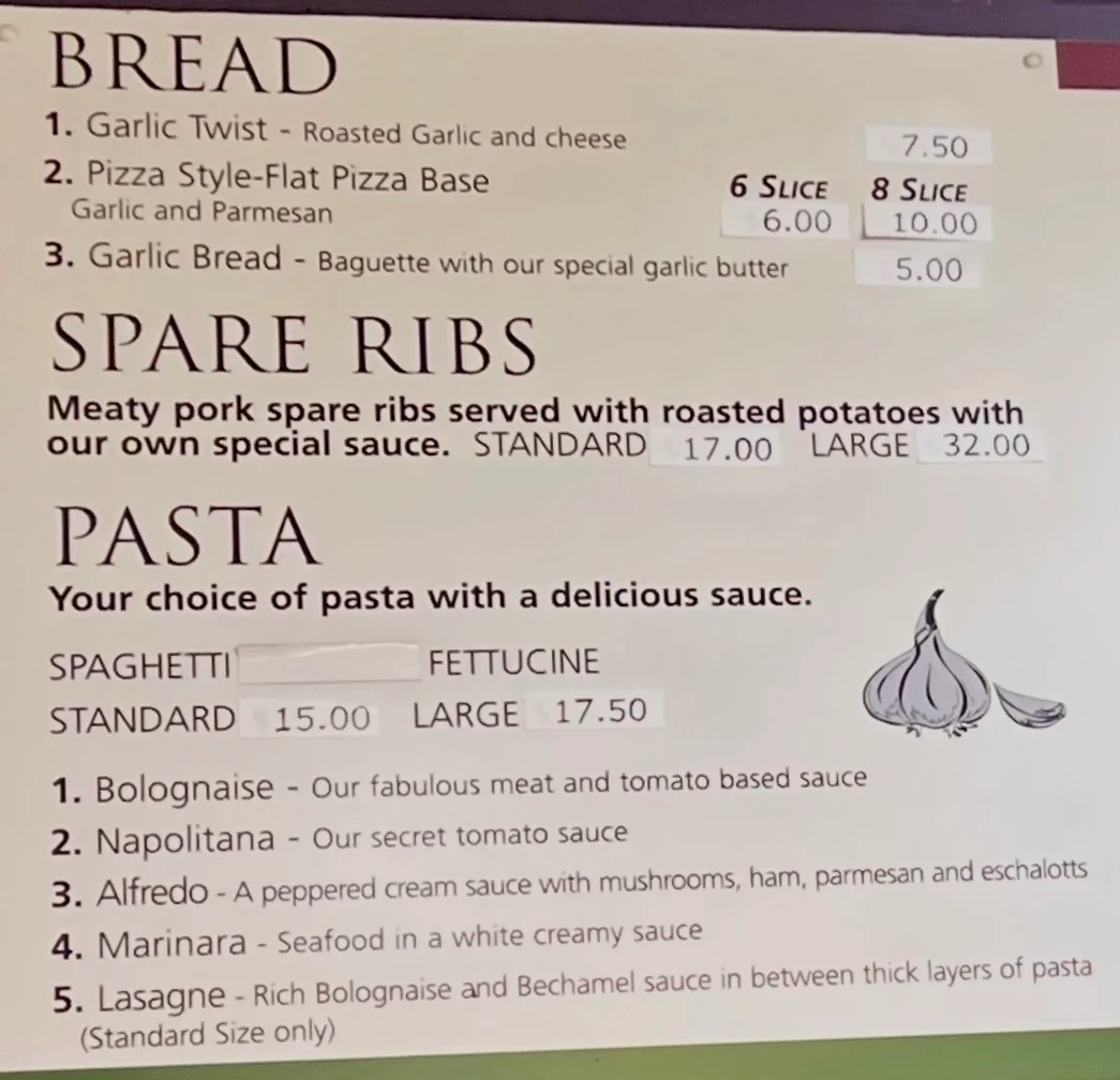 Menu, Pizzaland Manly West