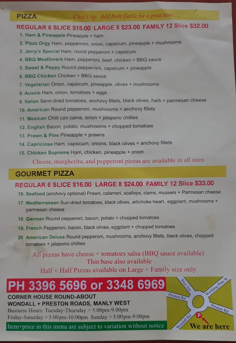 Menu, Pizzaland Manly West