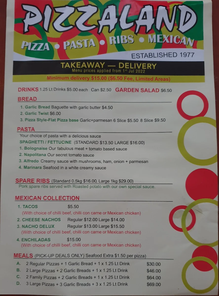 Menu, Pizzaland Manly West